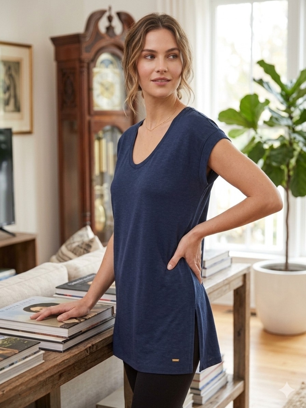 Ellen Tracy Navy Scoop-Neck Side-Slit Tunic